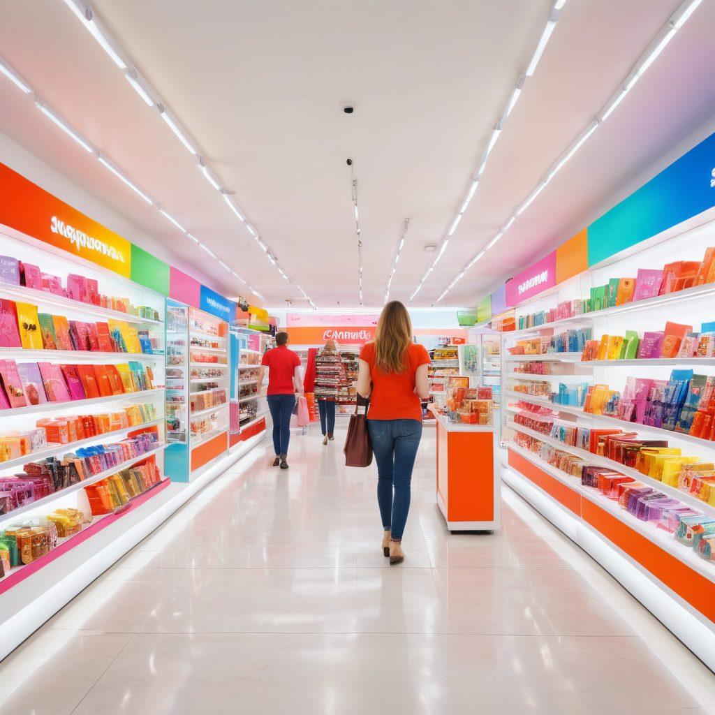 A vibrant, bustling store filled with joyful shoppers exploring colorful displays of exciting products. Cheerful store personnel assisting satisfied customers, bright lights illuminating the atmosphere, and inviting signage showcasing delightful offers. The scene captures moments of connection and excitement, highlighting a dynamic shopping experience. super-realistic. vibrant colors. white background.