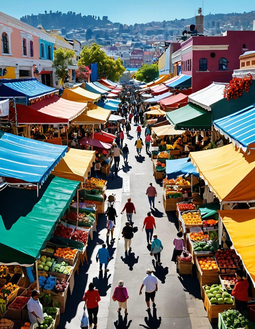 A colorful and bustling marketplace filled with diverse shops and happy shoppers. Highlight vibrant product displays, lively stalls filled with fresh fruits and handmade goods, and joyful interactions between shoppers and vendors. Include bright decorations and a sunny sky overhead to evoke a sense of warmth and excitement. playful style. vibrant colors. super-realistic.