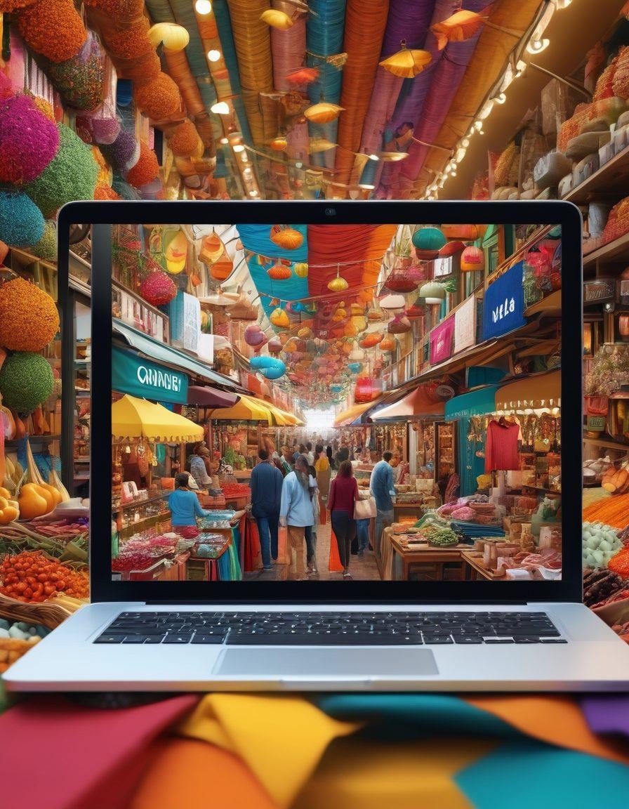 A vibrant collage showcasing a bustling bazaar filled with colorful stalls and happy shoppers, transitioning into a sleek digital marketplace on a laptop screen surrounded by shopping icons. Highlight joyful faces and a mixture of traditional and modern elements, symbolizing the evolution of shopping. Include hints of spices, textiles, and tech gadgets. super-realistic. vibrant colors. 3D.